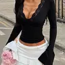 Women's Contrast Lace Flounce Sleeve Tee Fit, Elegant Deep V Neck Long Sleeve Top for Fall & Winter, Ladies Clothes for Daily Wear