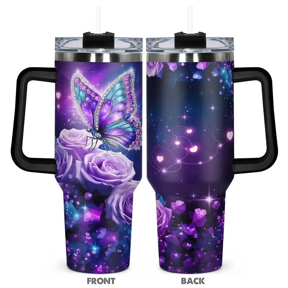 Butterfly Pattern Vacuum Insulated Tumbler Drinkware with Lid & Straw, 1 Count 40oz Stainless Steel and Durable Water Bottle, Birthday Gift for Friend, cup, Sippy Cup Straw Sublimation Cup The Ordinary Water Bottle