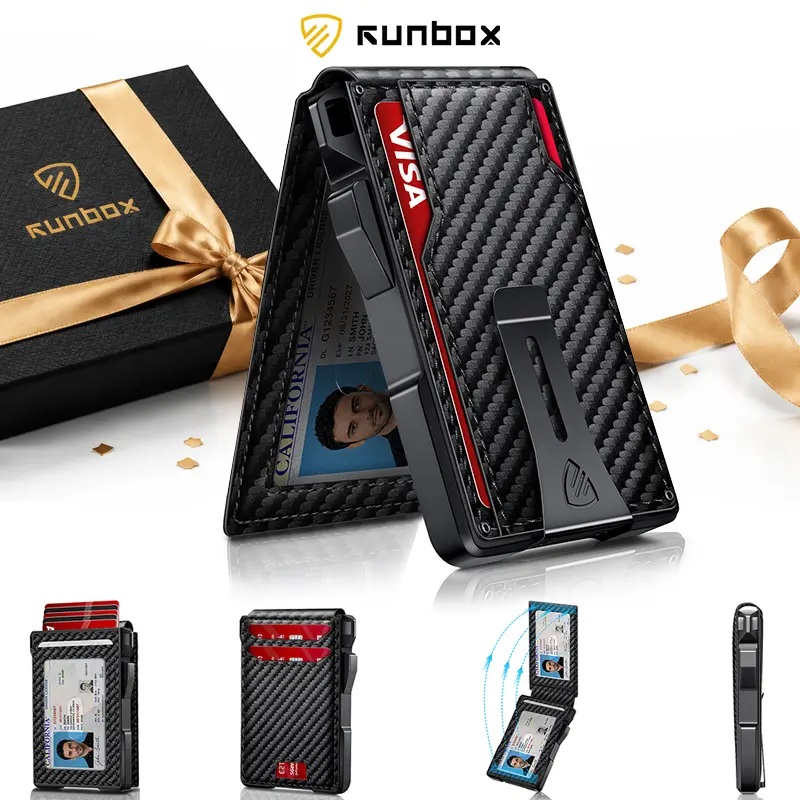 RUNBOX Men's Slim RFID-Blocking Carbon Fiber Wallet - Minimalist Vegan Leather Bifold, Low-Profile Front-Pocket EDC, Quick Card Access, Flat Bill Storage, Scratch-Resistant Design, Gift Box Included