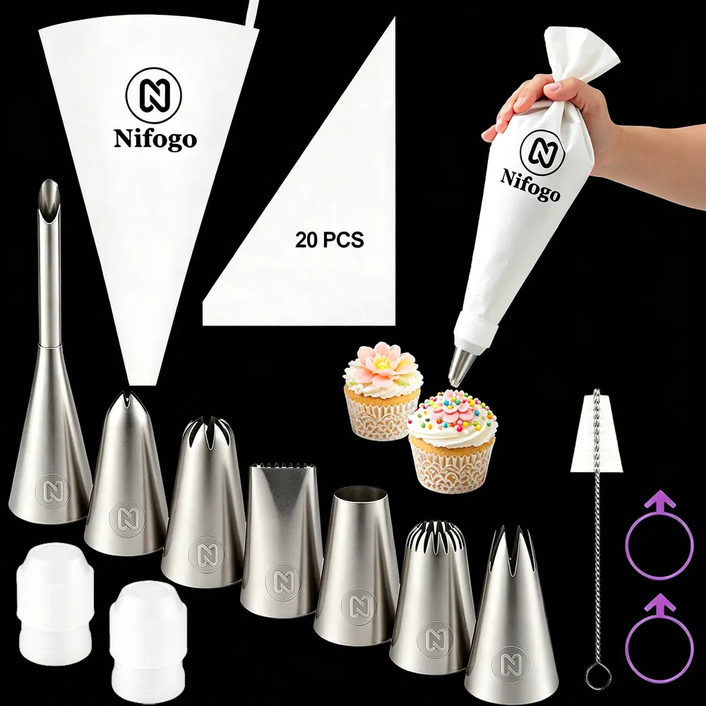 Stainless Steel Cake Decorating Kit with 360° Spinning Stand, Professional Rust Resistant Piping Tips, Couplers, & Brushes for Baking and Dessert Ornamentation, Cake Decorating Nozzle