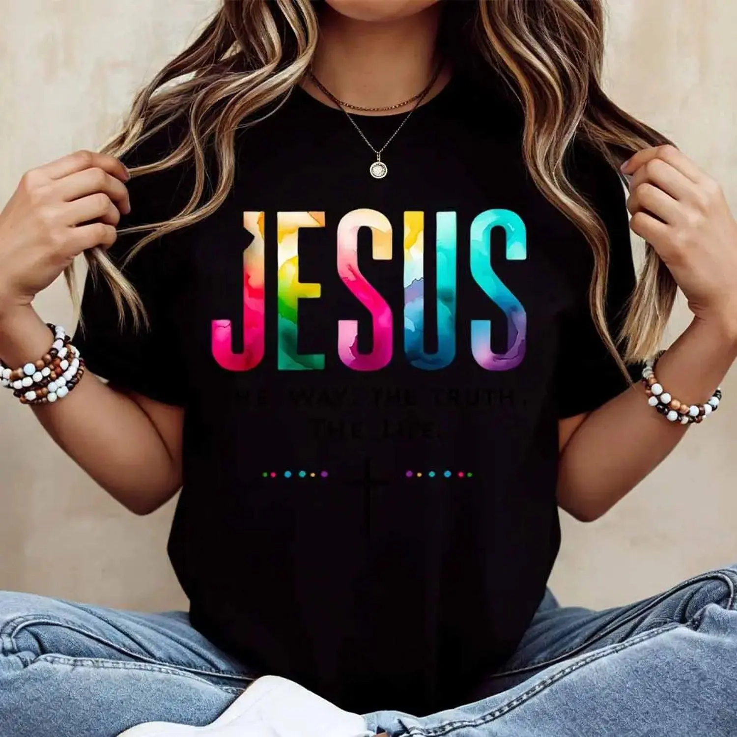 Jesus The Way The Truth The Life Cross Print T Shirt Casual Fit Suitable for Everyday Wear and Casual Activities Stylish Graphic Tee