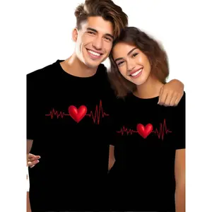 Valentines Day Couple Tshirt Graffiti Heart Print Cotton Casual Short Sleeve Round Neck Loose Fit Matching Top for Couples Gifts 220G Heavyweight