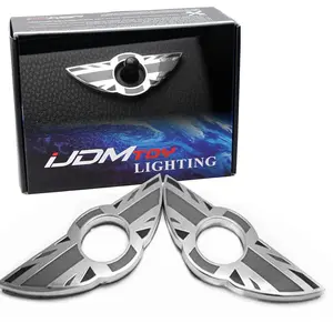 iJDMTOY (2) Union Jack Style Wing Emblem Rings For Mini Cooper R55 R56 R57 R58 R59 Door Lock Knobs, Black/Grey UK Flag Design (Does not fit R60 R61 nor F55 F56 Models)