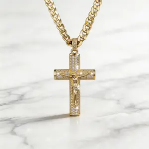14k Gold Plated, Jesus Cross Necklace God Redemption Charm Necklace Religion Costume Jewelry Accessories Cuban Link Chain 23.62", Religious Present for Husband,Wife Son,Daughter，Girlfriend Boyfriend