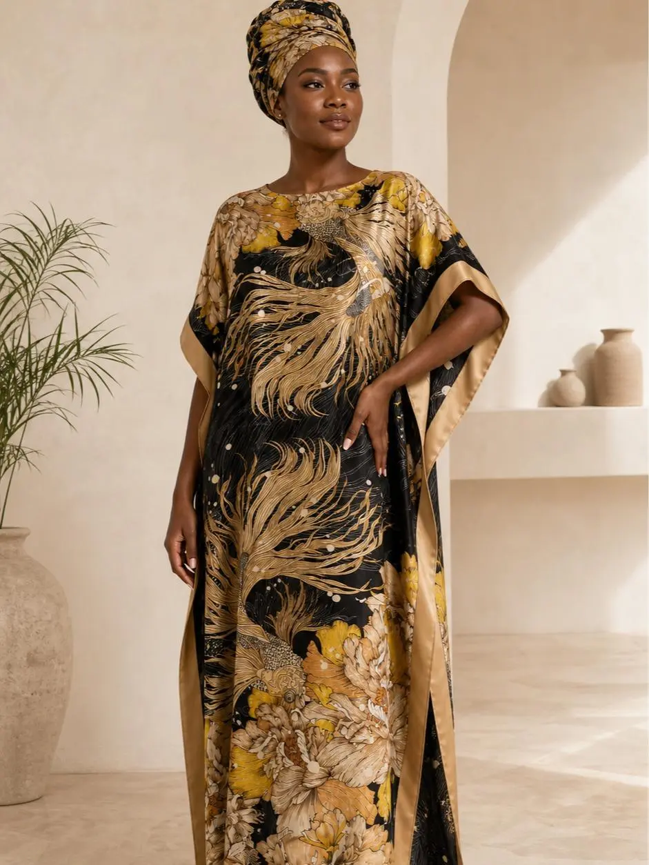 MuuMuu Muse Women's Elegant Casual Black and Gold Floral 2-Piece Clothes Set - Loose-Fit Drape Robe, Matching Bird-Print Scarf, Flowing Cover-Up for Beach, Cruises Outfit Love