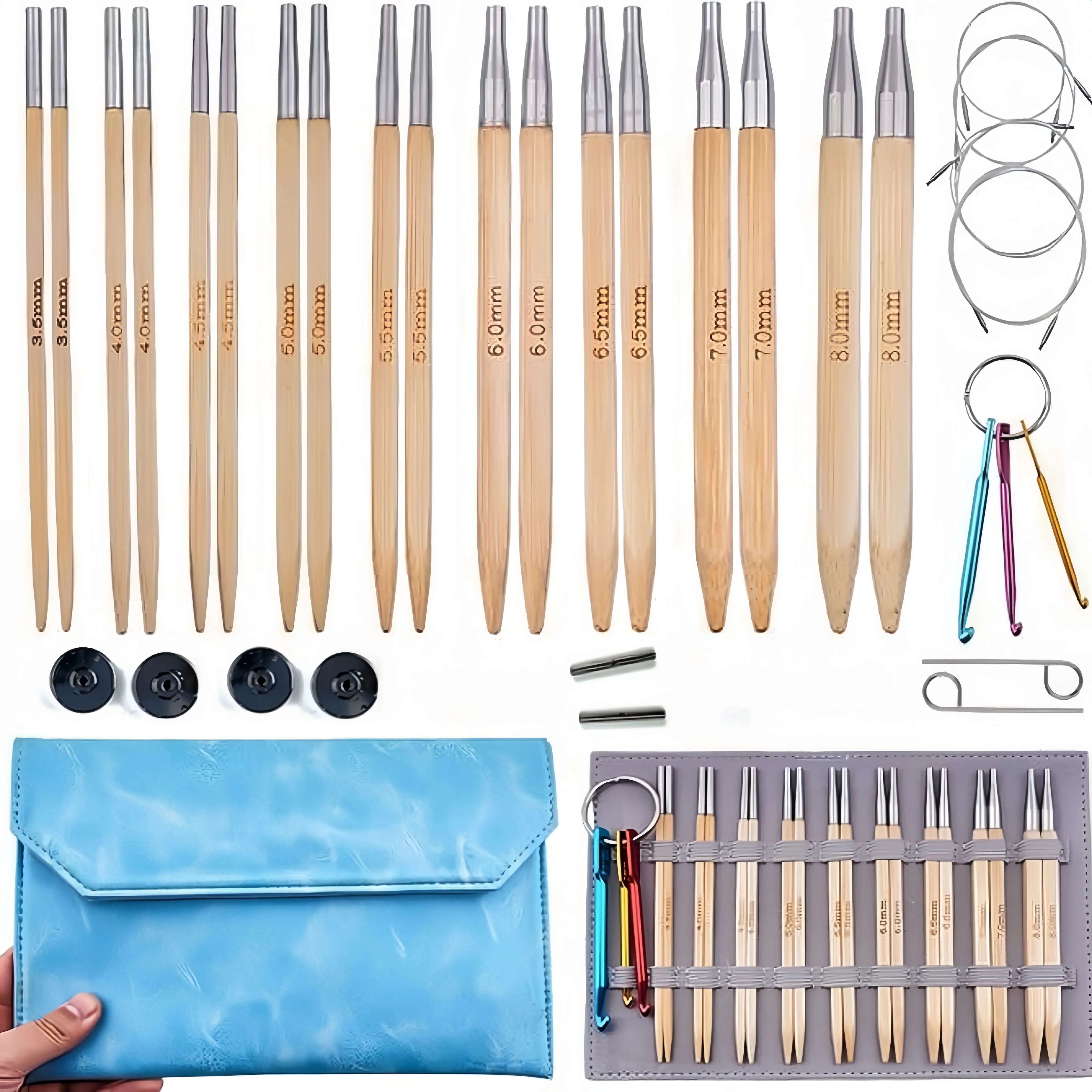 Circular Knitting Needles Set with Case,9 Pairs Square Interchangeable Knitting Needles of Bamboo Cubic Circular Needle,Square Circular Needles(3.5mm-8mm)