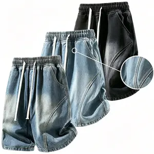Men’s drawstring elastic-waist straight denim shorts; men’s washed vintage distressed mid-rise denim shorts; fashionable versatile loose straight casual street-style denim shorts