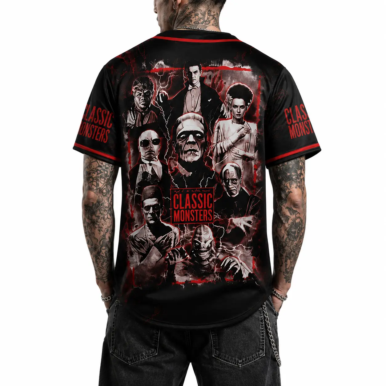 Halloween Baseball Jersey for Men and Women, Classic Monster Style Button Up Short Sleeve Sports Shirt