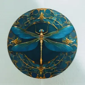 Vintage Dragonfly Round Wall Decor with Golden Pattern Aluminum Sign for Garden Patio and Home Interior Decoration