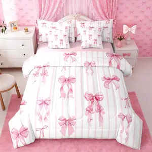Feelyou 7-Piece Princess Satin Bow Microfiber Bedding Set - Pink Ribbon Bowknot Bed-in-a-Bag with Sheets, Soft Breathable Blanket for Girls, Kawaii Coquette Bedding, Soft Blanket