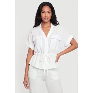 Collared Drawstring Waist Button Front Shirt