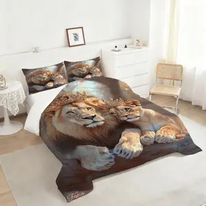 Majestic Lion Couples Comforter Set, Ornate Golden Crown Bedding Set, Soft Cozy Quilted Comforter, Perfect for Royal Themed Bedroom Decor with Autumn Forest Inspiration, Includes 1 quilt, with 1 or 2 Pillowcase No Pillow Core