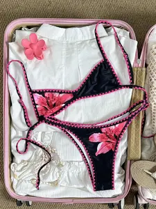 Soleia Swim Trendy Summer Outfit Swim Mod Women's Cream Yellow & Pink Crochet Floral Decor Shell Trim Micro Bikini Set for Romantic Vacation