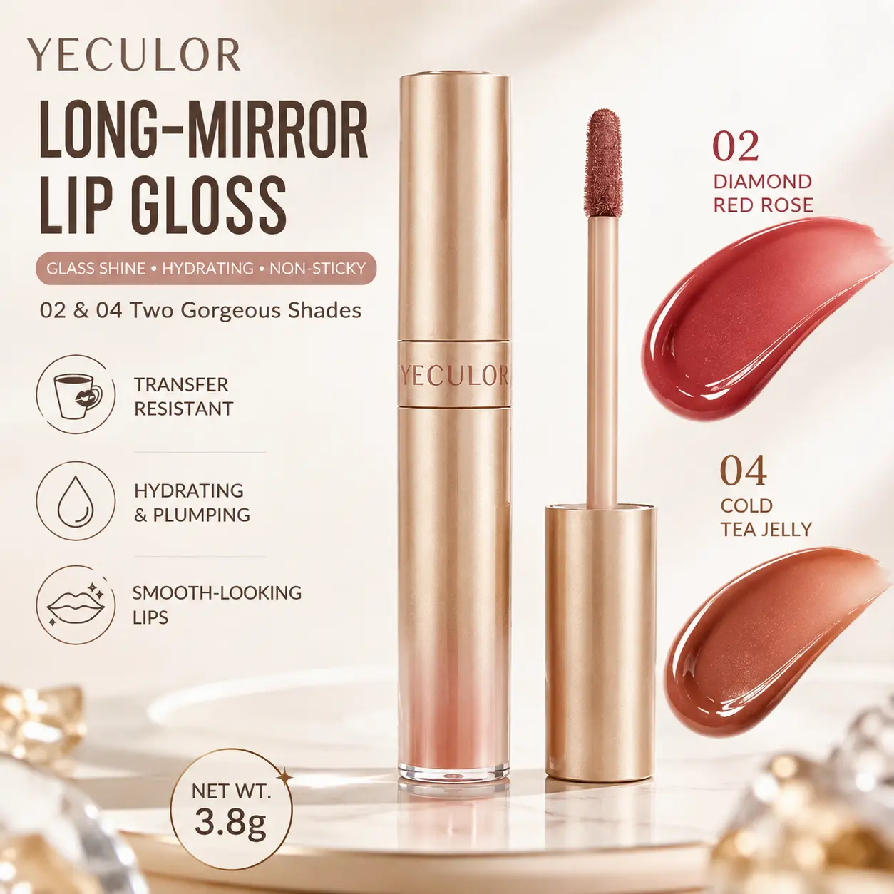 YECULOR Juicy Glass Lip Gloss, High Shine Hydrating Lip Oil, Non-Sticky Transfer Resistant Lip Gloss, Plumping Glossy Lip Tint, Long Lasting Glass Lips, 02 Diamond Red Rose & 04 Cold Tea Jelly，#backtoschool