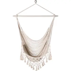 Handwoven  Rope Hammock Chair with Metal Spreader Bar, Boho  Chair Bedroom, Indoor Outdoor Swing Chair with Tassle, SandyBeach White