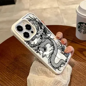 Cool Dragon Pattern Magnetic Phone Case Supports Wireless Charging for iPhone 17 15 16 14 Pro Max 13 12 11 XR XS Plus Air Shockproof Non Slip Protection Silicone Transparent Acrylic Cover Cellphone Protective
