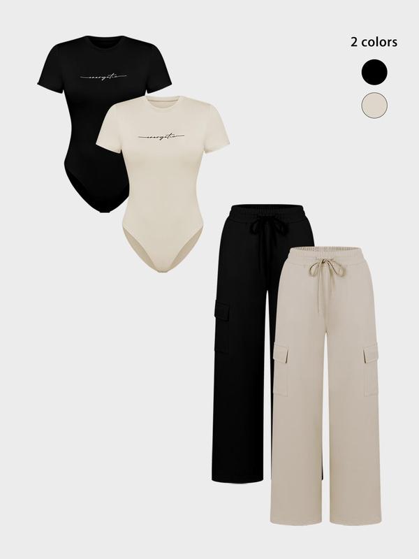 Women's Knit Letter Print Two-Piece Set, Casual Fitted Short Sleeve Jumpsuit & Long Pants, All Seasons Fashion