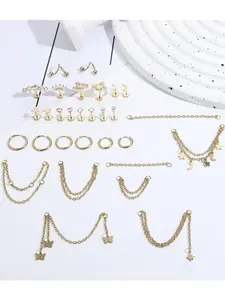 30 Pcs Fashionable Golden Multi-style Ear Piercing Jewelry Set for Women Men Premium Stainless Steel Copper Suitable for Daily Wearing Scenes Huggie Hoop Style Flat Back Fixed Studs Delicate Chain Dangle Design Rich Layered Ear Looks