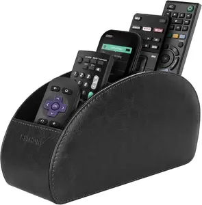 SITHON Remote Control Holder with 5 Compartments - PU Leather Remote Caddy Desktop Organizer Store TV, DVD, Blu-Ray, Media Player, Heater Controllers, Black