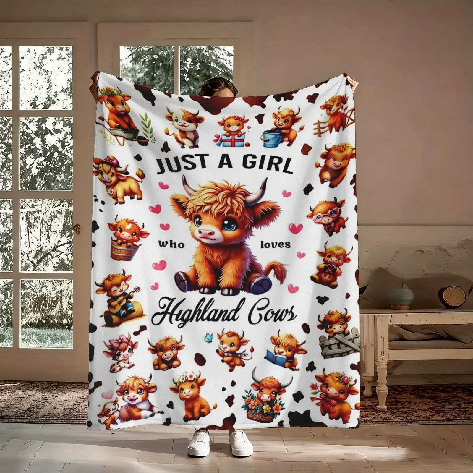 Highland Cow Lover Blanket Gift, Just A Girl Who Loves Highland Cows Cute Fluffy Pattern Flannel Throw, Soft Cozy Warm Nap Blanket for Bedroom Living Room Dorm, Gift for Her Girlfriend Friend, Christmas Birthday Holiday Present