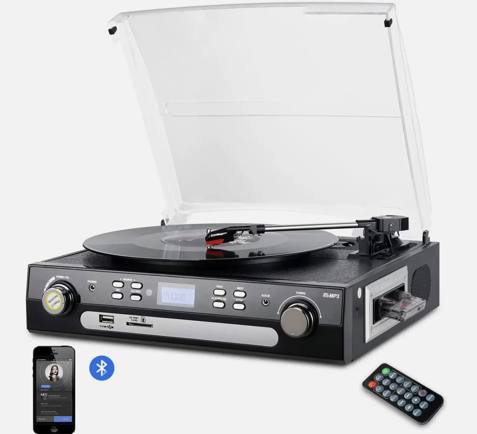 Belt-Drive Bluetooth Record Player - Music Player with Stereo Speakers, Vinyl-to-MP3 Convert Function for Collectible Vinyl Records