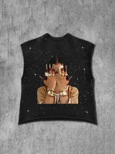 Men's Casual Streetwear Vest Top, Sleeveless, Street Girl Print, Starry Fabric, Short Loose Fit, Trendy Daily Wear for Men, Perfect for Going Out