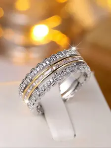 Luxury Silver Color Lace Edge Zircon Wide Ring, Perfect Gift for Her, Casual Style Copper Chain, All Seasons Wear, Fashion Stackable Rings