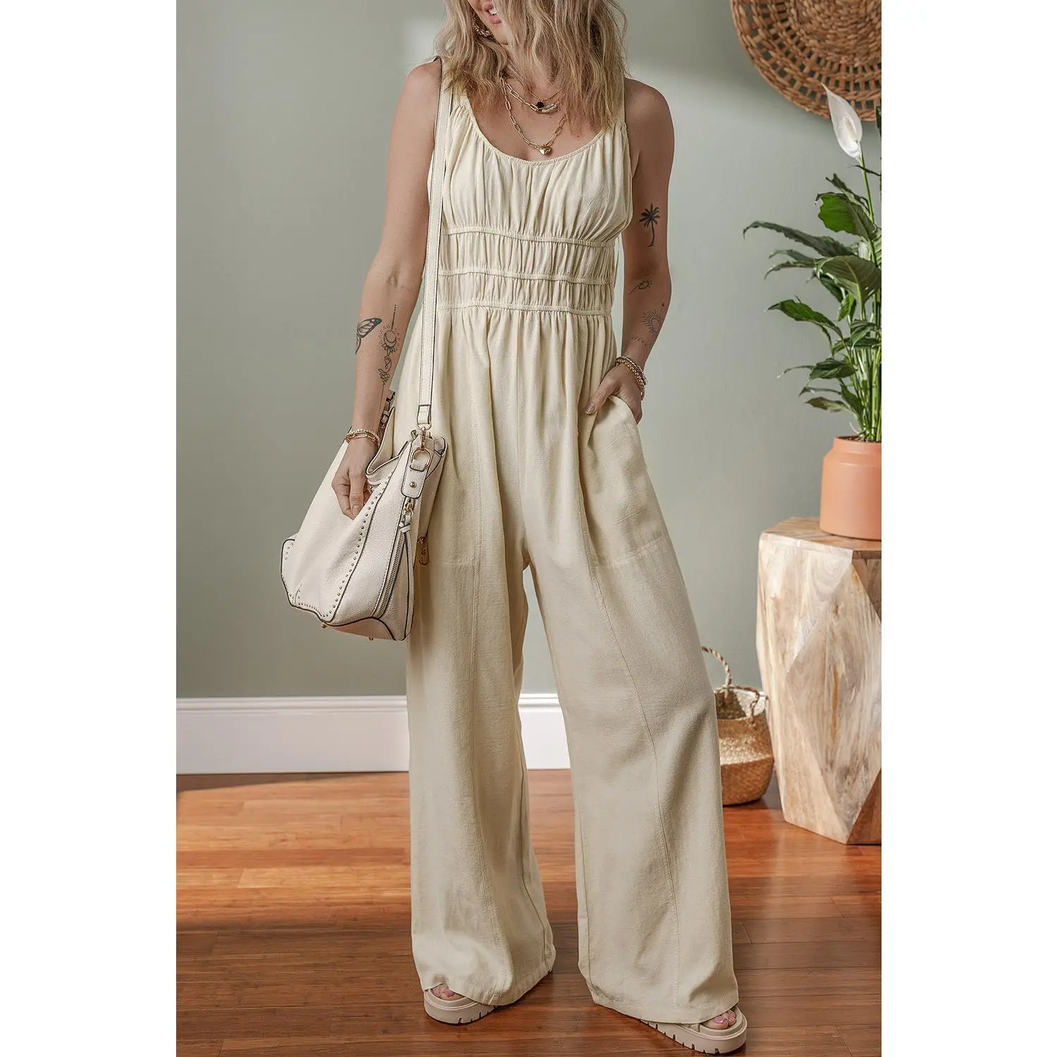 Beige Ruched High Waist Sleeveless Wide Leg Jumpsuit