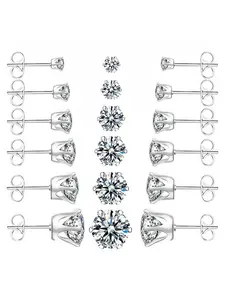 [Style Summer Turn Up]6 pairs of six-claw cubic zirconia stud earrings, titanium steel diamond stud earrings, simple and fashionable one-piece pin earrings