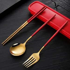 3 pcs/set stainless steel portable cutlery set, including spoons, forks, chopsticks, and storage boxes, available in multiple colors, perfect for travel, office, school, picnics, family sets, parties, and weddings