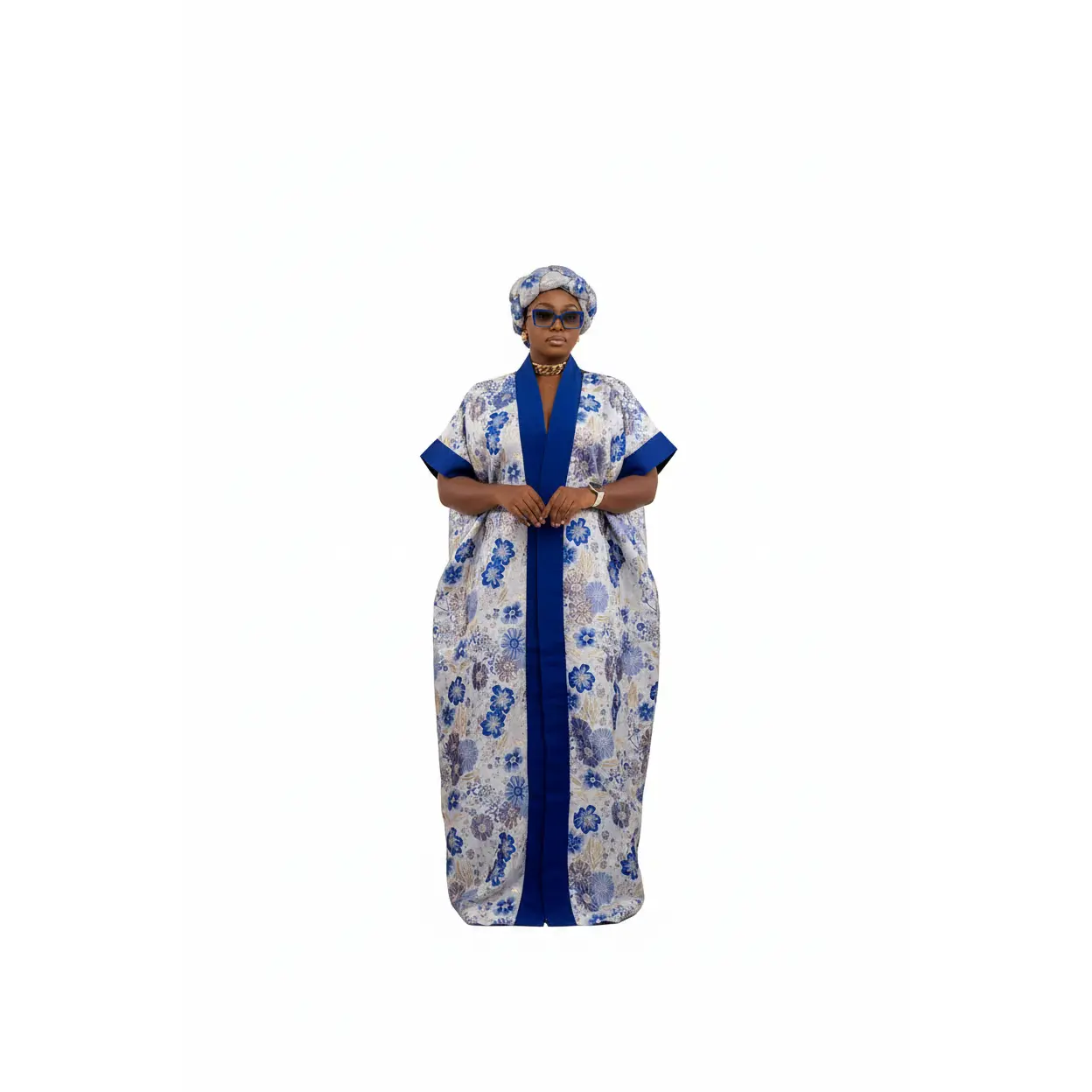 Women's Luxury Damask Brocade & Cotton Aso Oke Kaftan Boubou Maxi Dress Set - 2-Piece with Matching Headband, Adjustable Inner Belt, Maxi Dresses