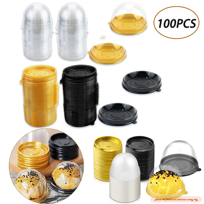 100-Pack Clear Plastic Mini Cupcake Boxes 2.76 x 1.78 Inch for Muffins Pastries Desserts Mooncakes 50 Golden 50 Black Food Grade Safe Resealable with Domed Lid Bakeware Utensils gifts