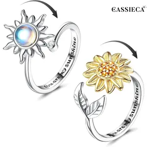 CASSIECA Women's 2Pcs Elegant Sunflower Spinner Top Ring - Adjustable Fit Anti-Stress Moonstone Ring with "You Are My Sunshine" Design for Anxiety, Engagement