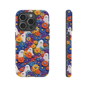 Wild Flower Ghost Faux embroidered Phone Case, Pastel Floral Phone Case For iPhone 8, X, 11, 12, 13, 14, 15 Pro Max, Mini, Plus, Lovely Accessories Smartphone, Protector Phone Cover Devices Protection