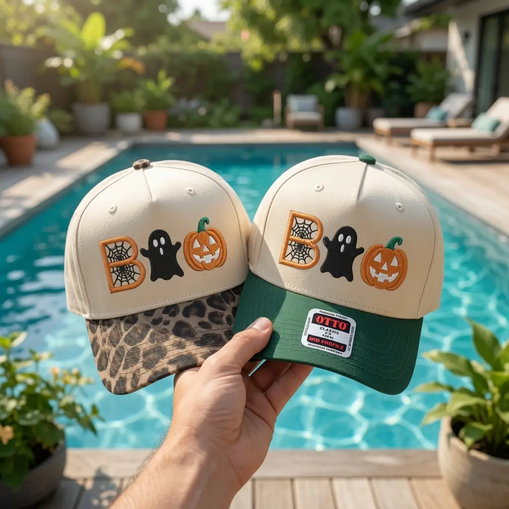 BOO Ghost Pumpkin Spider Web Embroidered Baseball Hat, Spooky Halloween Cap with Leopard Print or Green Brim, Cute Fall Costume Party Accessory, Adjustable Trucker Style Hat, Halloween Gift for Women Men Teens, Outdoor Autumn Outfit