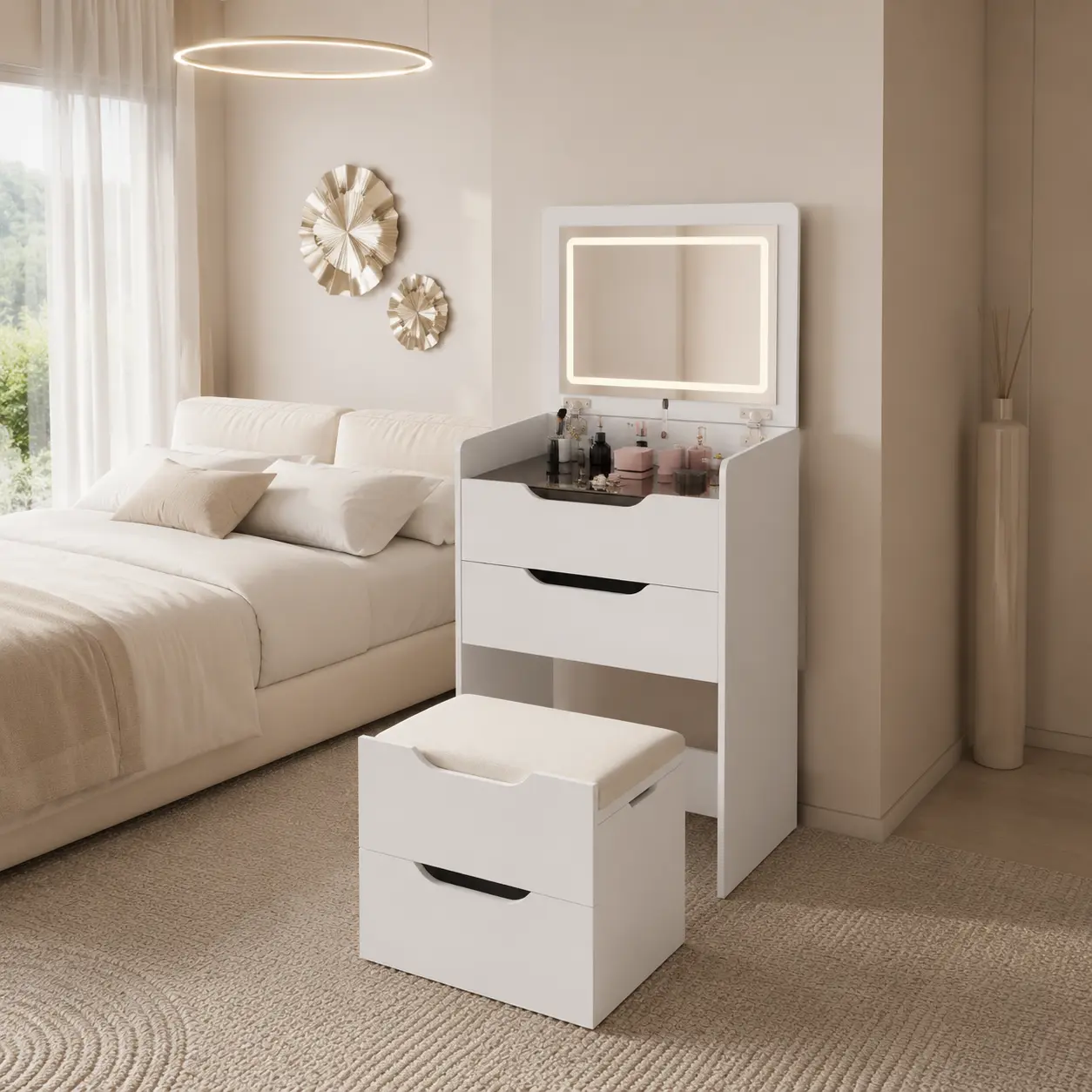 Convertible Makeup Vanity, 3-in-1 Convertible Vanity Set, Dimmable 3-Color LED Flip Mirror, Tempered Glass Top, Hidden Storage Stool, Multi Drawer Organizer, Dresser for Small Bedroom（White）