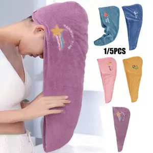 5-piece Coral Velvet Cartoon Embroidered Hair Blow Cap, Women's Bath Cap with Water Absorbing Triangle Cap, Water Absorbing Hair Blow Towel, High Water Absorbing Coral Velvet Women's Towel Set, Super Absorbent Towel