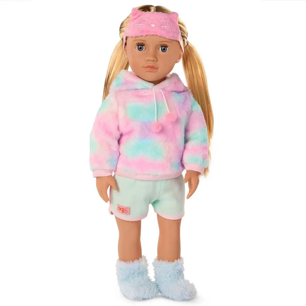 Our Generation Mandy 18" Doll in Pink and Colorful Hooded Pajama with Cat Ears