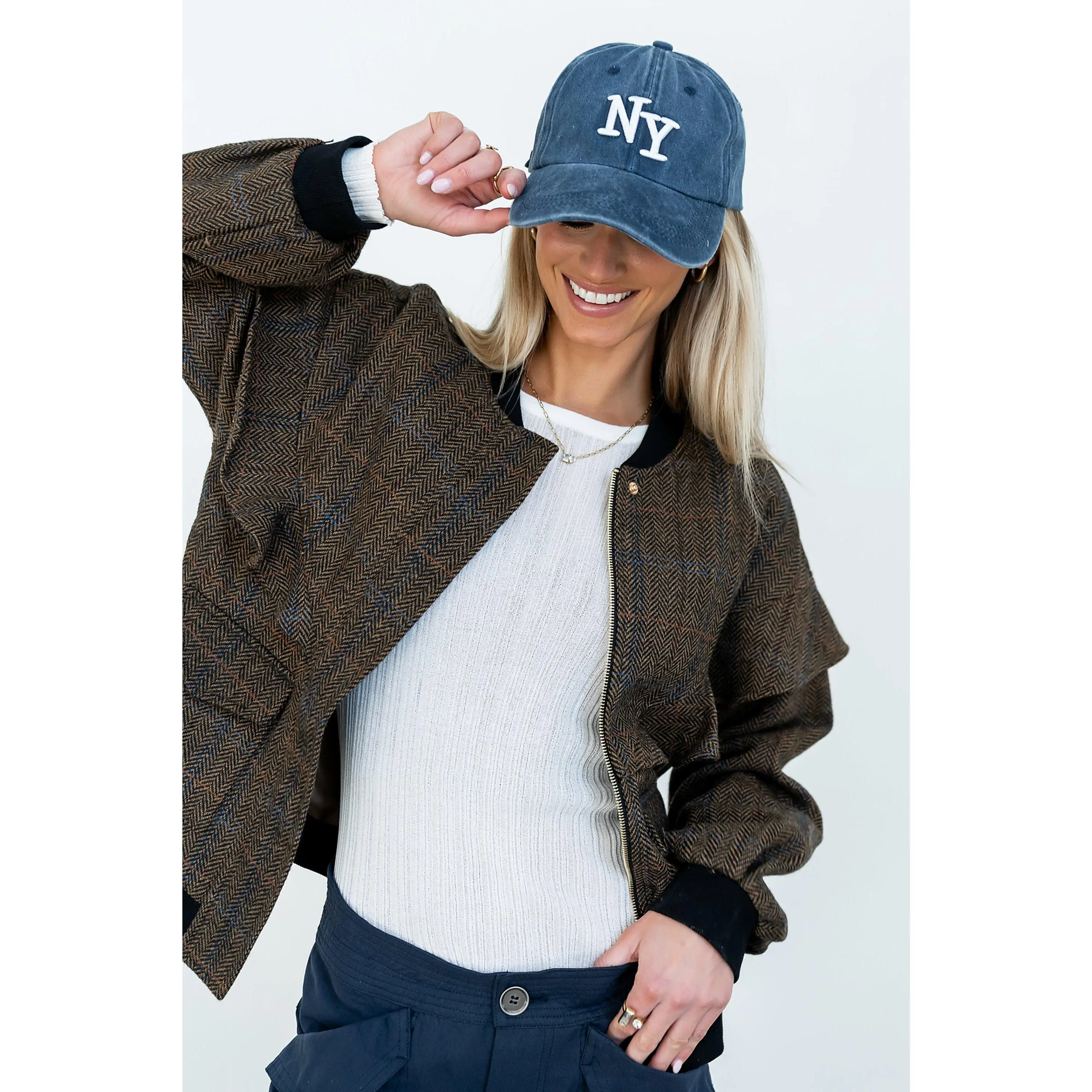 Women's Ricky Herringbone Bomber Jacket - Coats, Long Sleeves, Pockets, Polyester Fabric, Ribbed Details - FINAL SALE