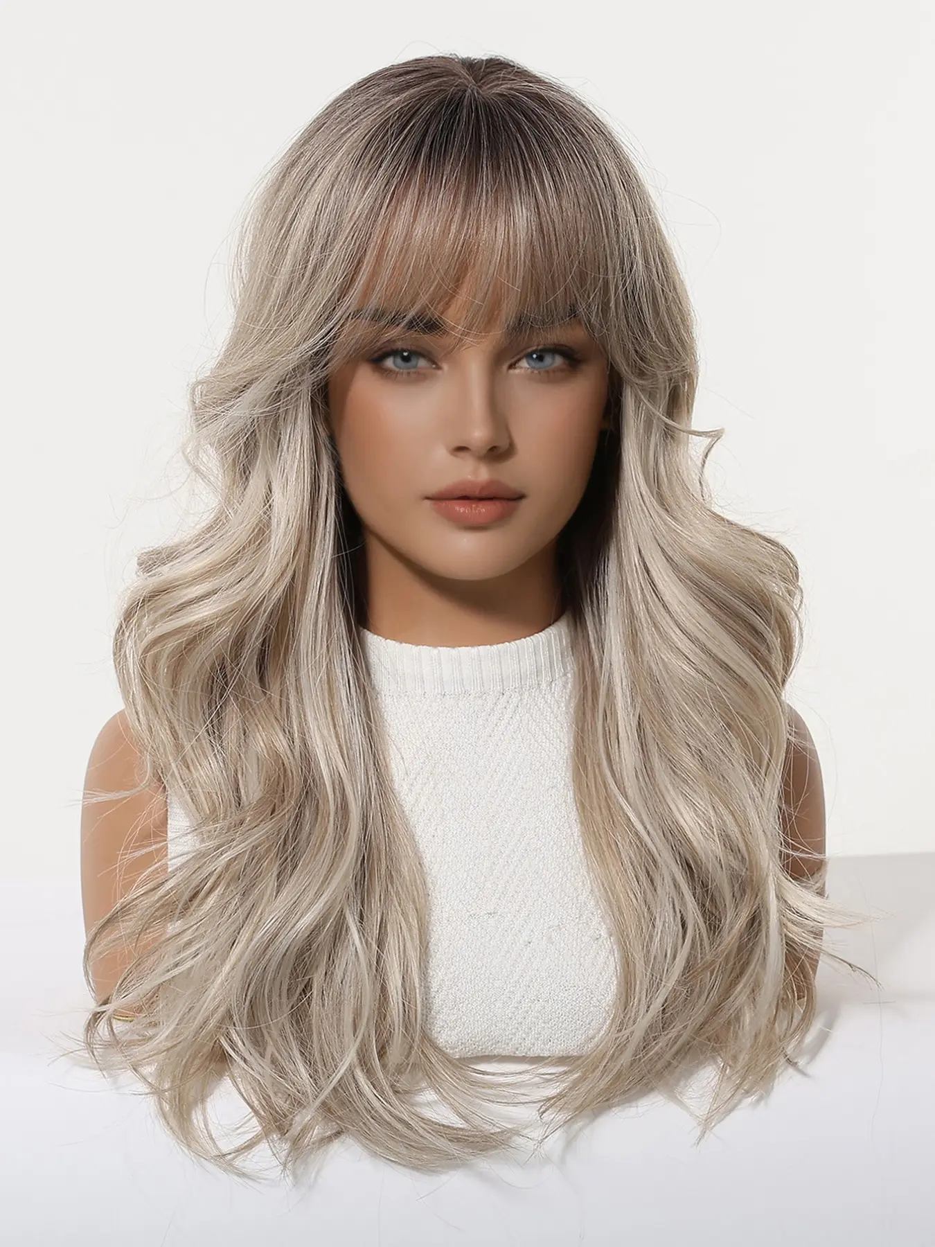Women\'s Ash Blonde Resistant Long Curly Wavy Synthetic Wig with Bangs Size 26In Sd5140ad7854a46f18c464084f6889  main image 2