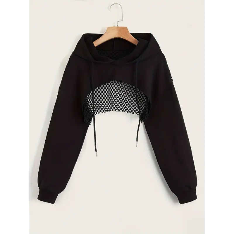 Solid Color Causal Sports Crop Hooded Sweatshirt, Drawstring Long Sleeve Pullover Hoodie, Women's Clothing Fabric Fit Tops Casual