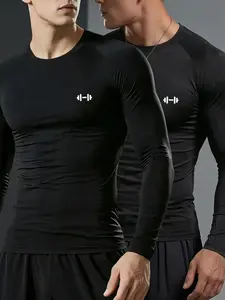 Men's Dumbbell Logo Print Fitted Long Sleeve T-Shirt, and Fitness Training Top, Athletic Training Apparel, Round Neck Sport Running Baselayer