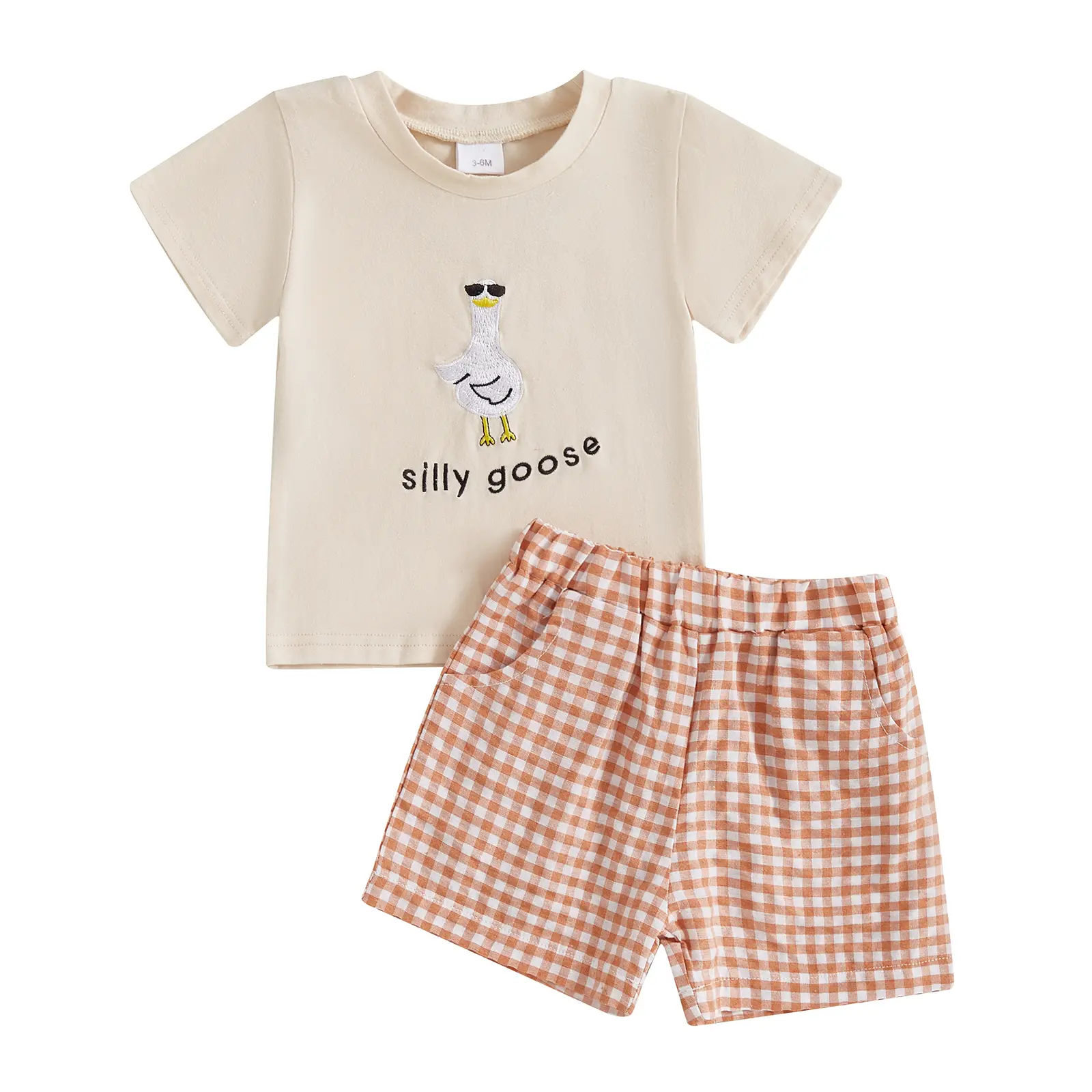 Toddler 2-Piece Summer Baby Clothing Set - Silly Goose Cotton-Rich Tee Feels Soft Short Sleeve, Plaid Shorts for Boys & Girls