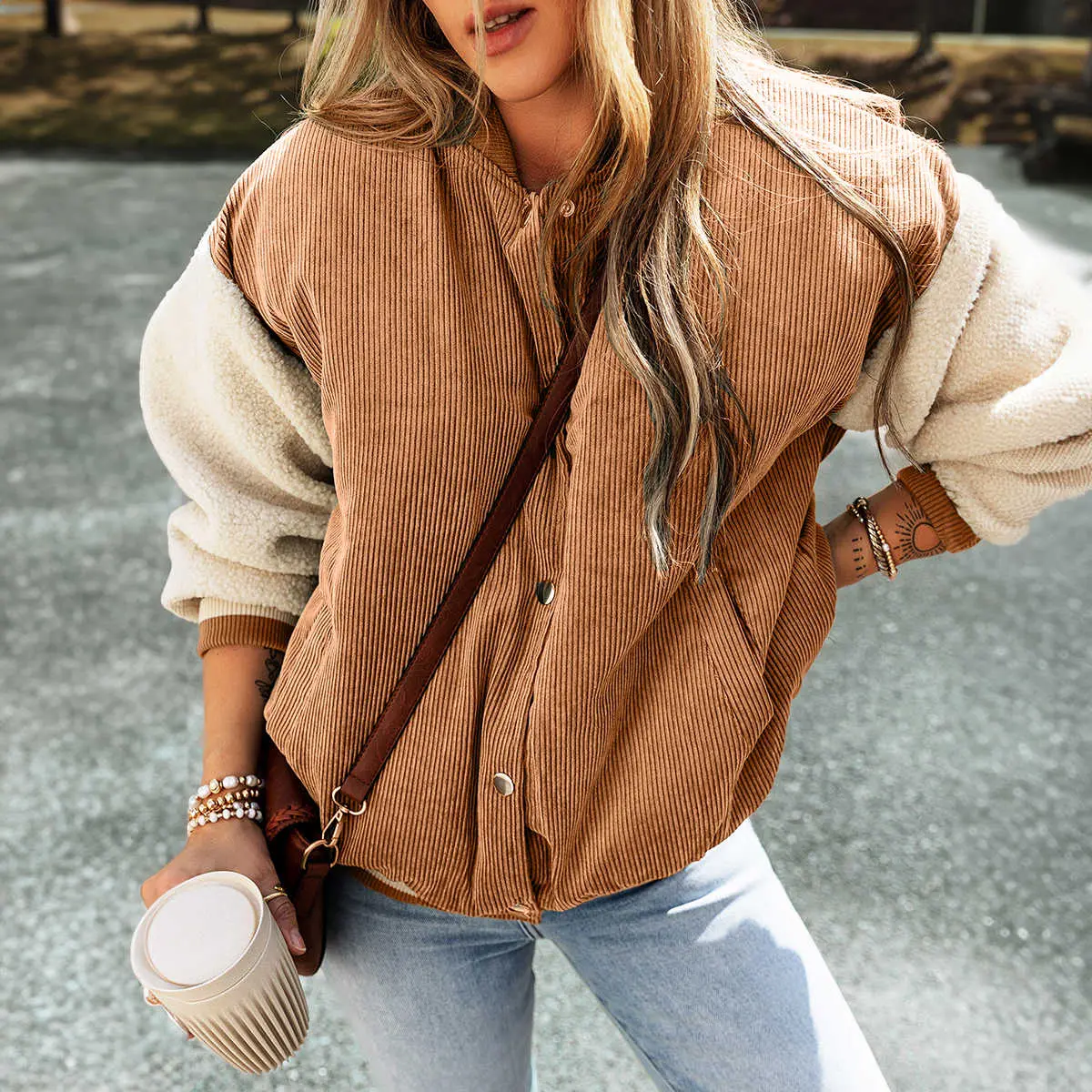 Corduroy Fleece Patchwork Buttoned Bomber Jacket