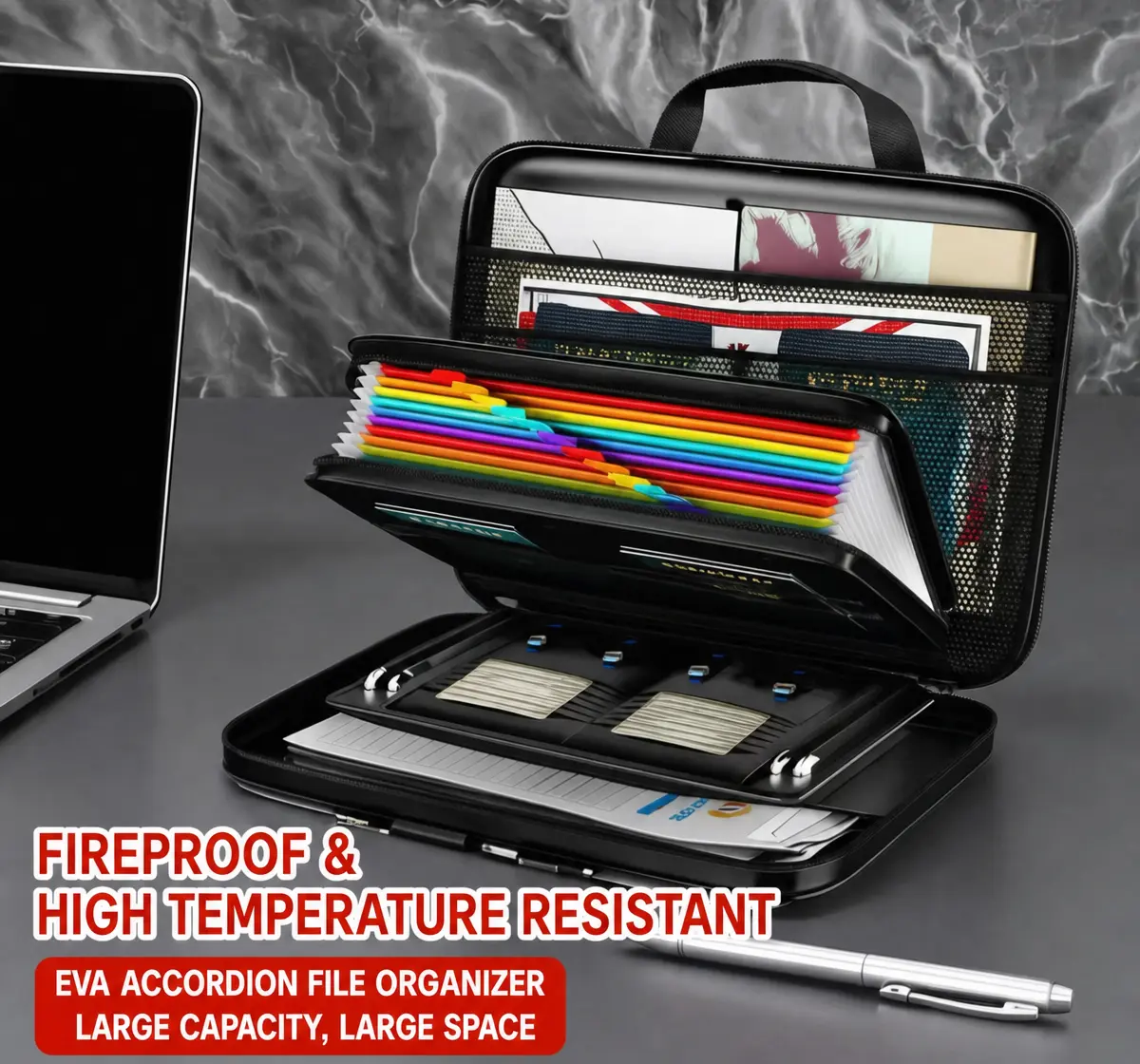 15.2"x11.3"Hard EVA Fireproof Accordion Document Bag with Multi-Layer Pockets, Waterproof High Temperature Resistant Portable File  Organizer Storage Case for Home Office Travel, Hold A4 Contracts, House Deeds, Passports & Important Certificates