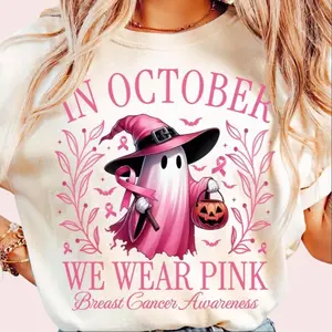 In October We Wear Pink Shirts Women Halloween Pink Graphic Breast Cancer Awareness Short Sleeve Fall Tee for Cooler Days