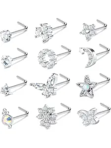 9-12 Pieces Nose Studs 316L Stainless Steel Set, Nose Stud L Shape, Nose Piercing Plug, Flowers Butterflies Heart Nose Stud, Piercing Helix Plug for Women Men 20G