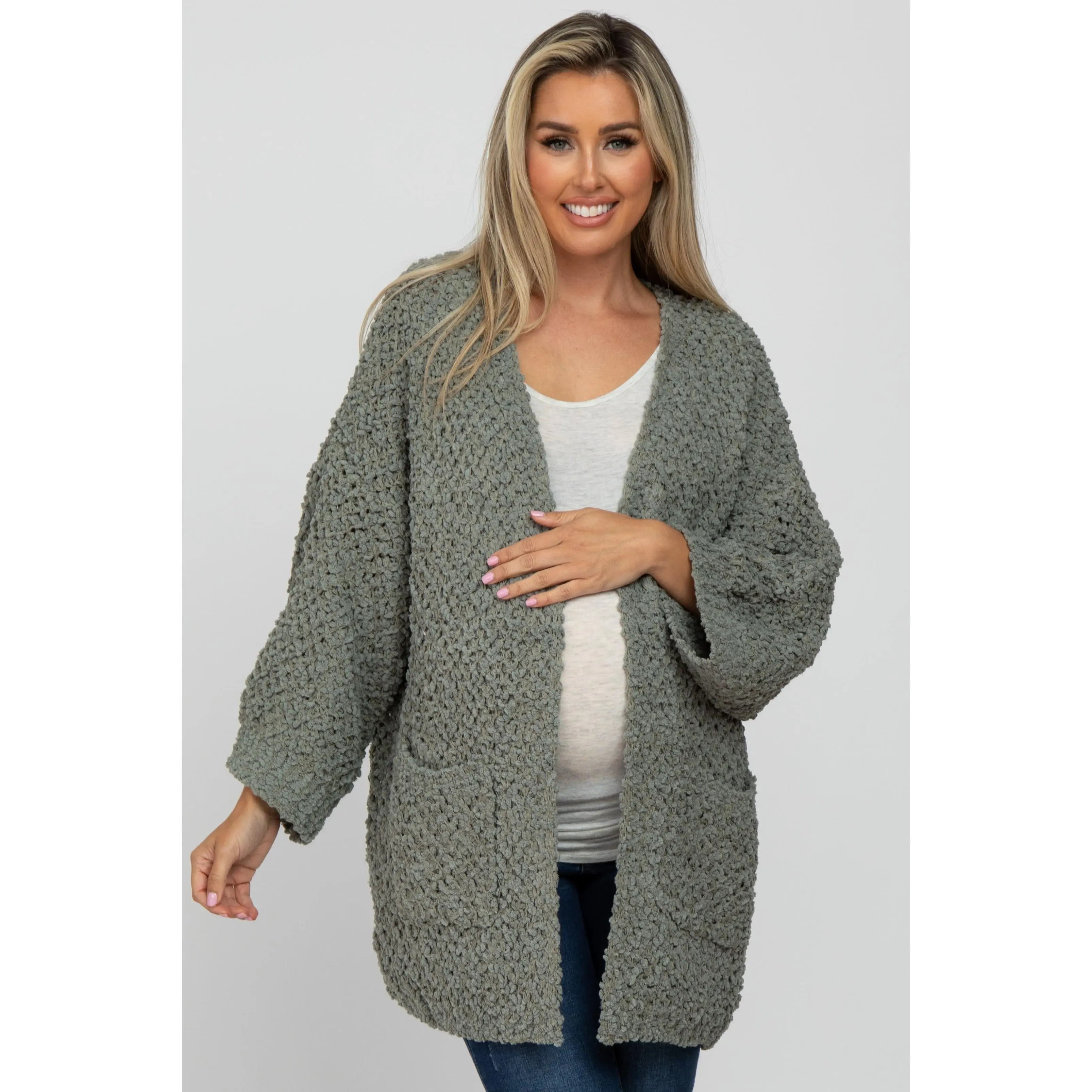 Olive Maternity Cardigan, Ultra Soft Popcorn Knit Sweater with Long Sleeves and Pockets, Open Front Maternity Wear, Cardigan Coat, Front Pockets, Knitted Texture