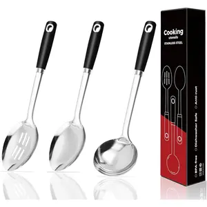 14-in Cooking Spoons Set, Heavy Duty 18/0 Stainless Steel Large Serving Spoons Set, Slotted Spoon, Cooking Spoon & Soup Ladle, Commercial and Residential Use, Pack of 3