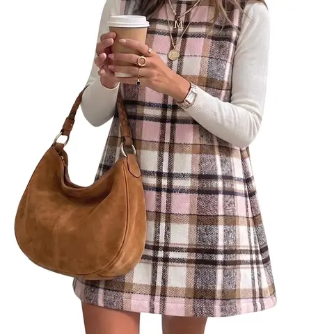 IDEALSANXUN Women's Polyester-Wool Flannel Casual Dress - Crew Neck, Sleeveless, Above Knee Short Mini Dress for Fall Winter, Clothes for Women
